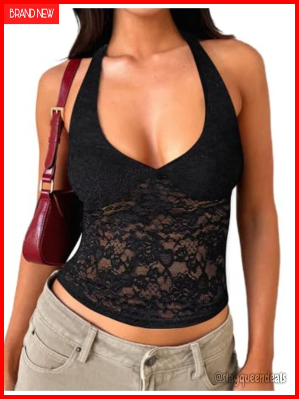 Womens Lace Halter Crop Top Y2K Backless V-Neck Sleeveless Tank